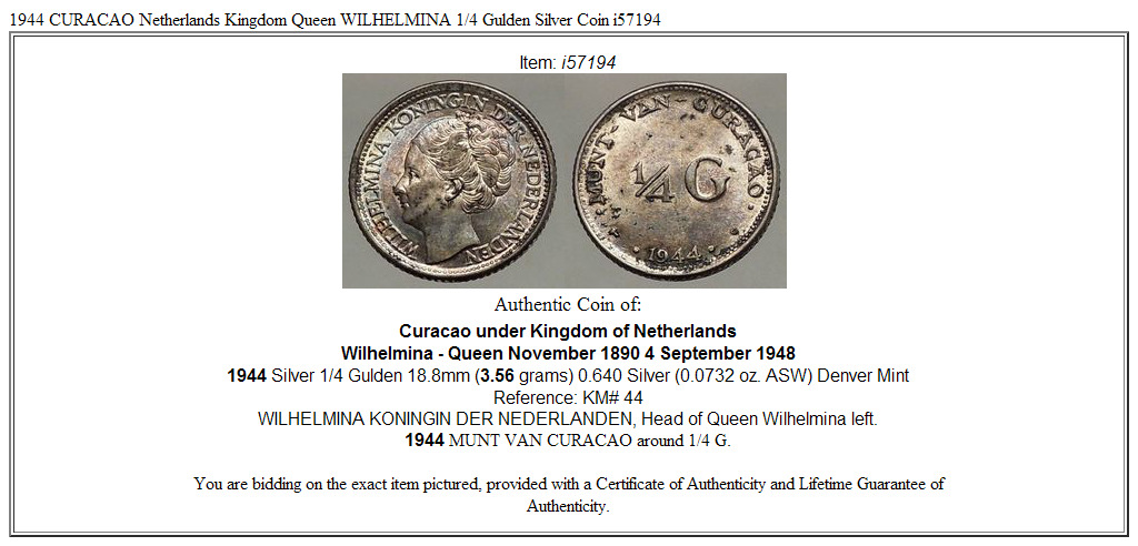 1944 CURACAO Netherlands Kingdom Queen WILHELMINA 1/4 Gulden Silver Coin i57194