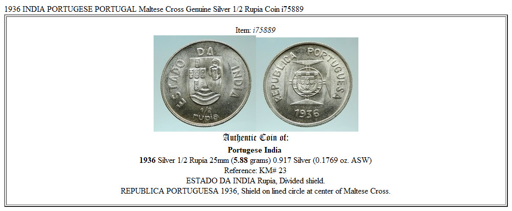 1936 INDIA PORTUGESE PORTUGAL Maltese Cross Genuine Silver 1/2 Rupia Coin i75889
