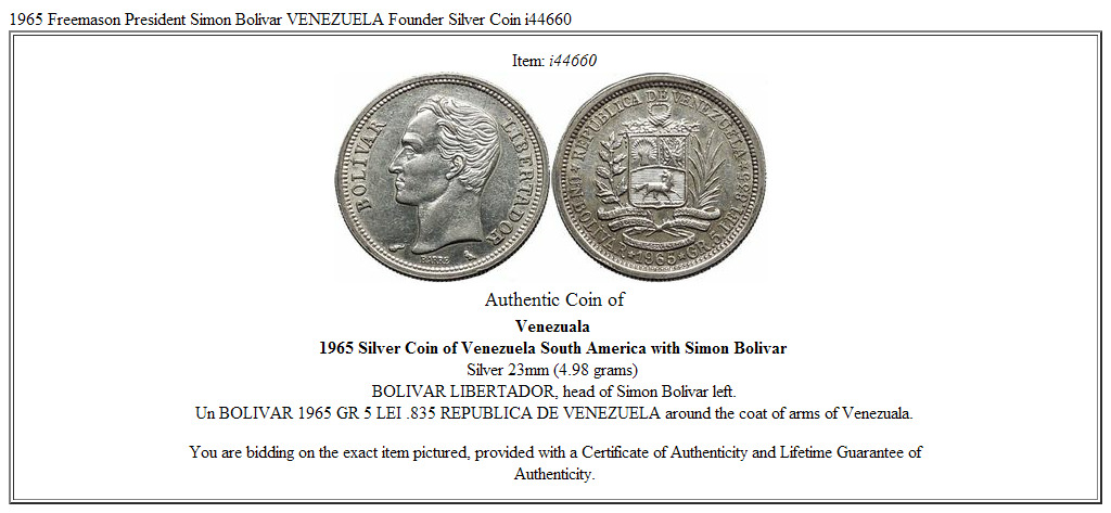 1965 Freemason President Simon Bolivar VENEZUELA Founder Silver Coin i44660