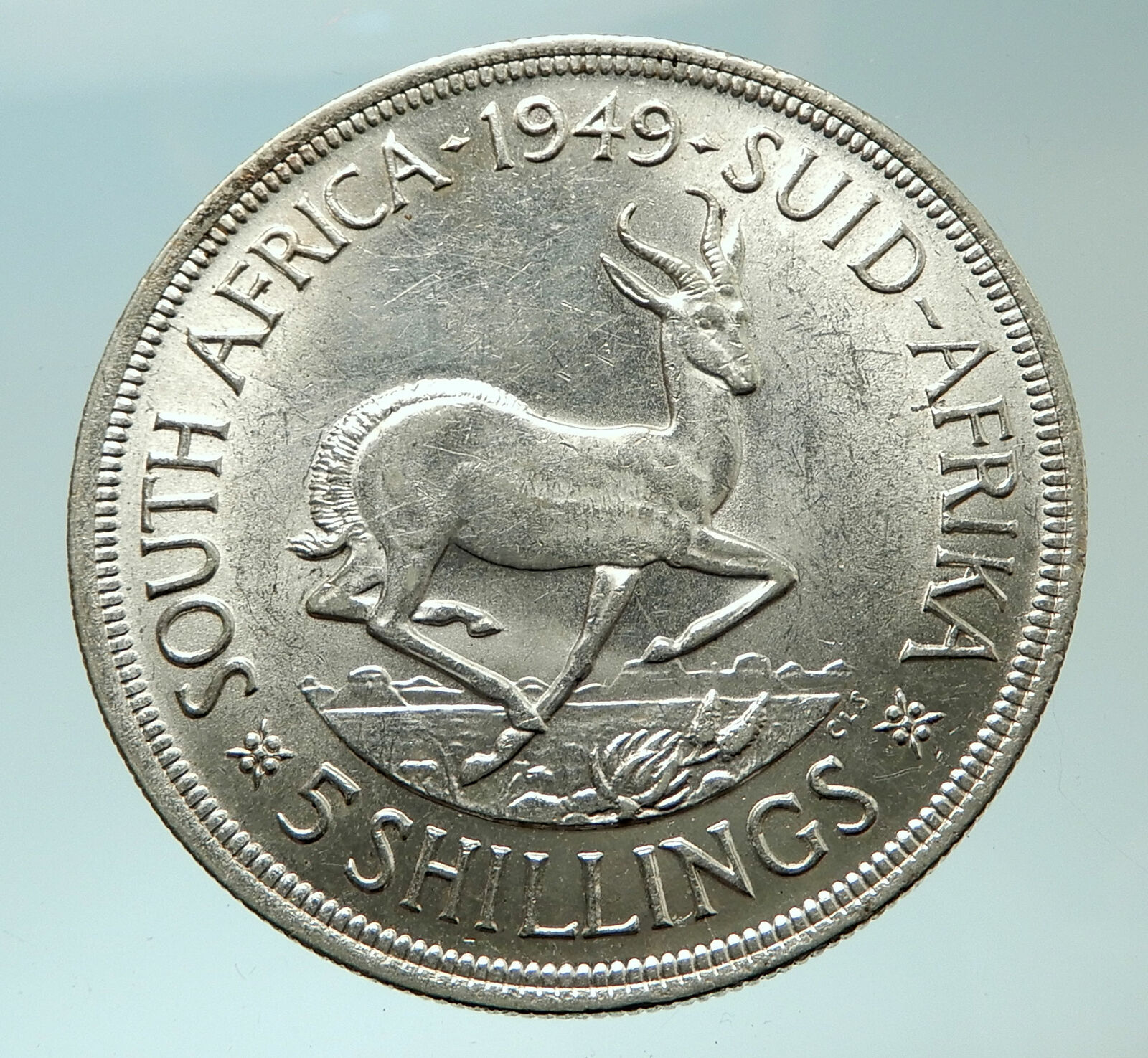 1949 SOUTH AFRICA George VI SPRINGBOK Deer Silver 5 Shillings LARGE Coin i75875