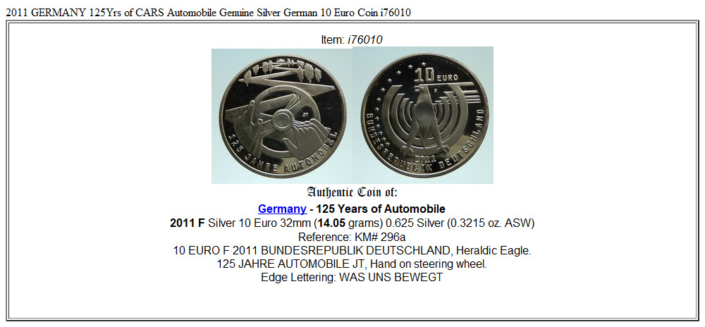 2011 GERMANY 125Yrs of CARS Automobile Genuine Silver German 10 Euro Coin i76010