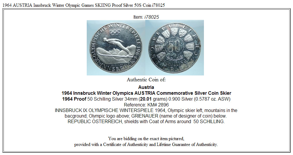 1964 AUSTRIA Innsbruck Winter Olympic Games SKIING Proof Silver 50S Coin i78025