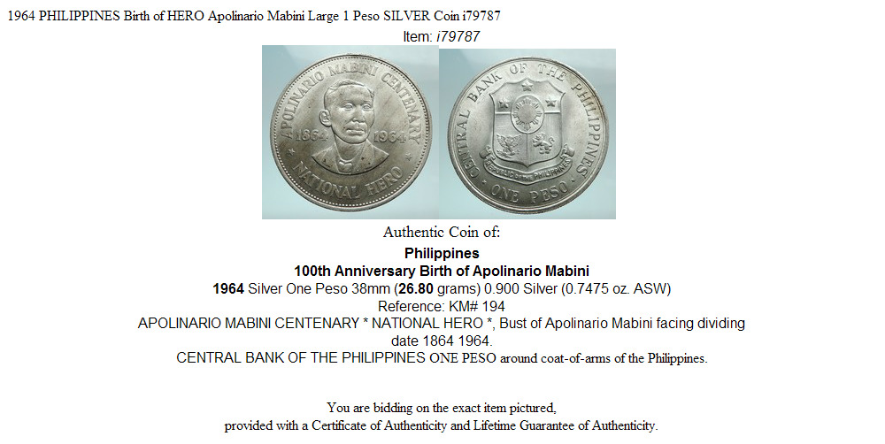 1964 PHILIPPINES Birth of HERO Apolinario Mabini Large 1 Peso SILVER Coin i79787