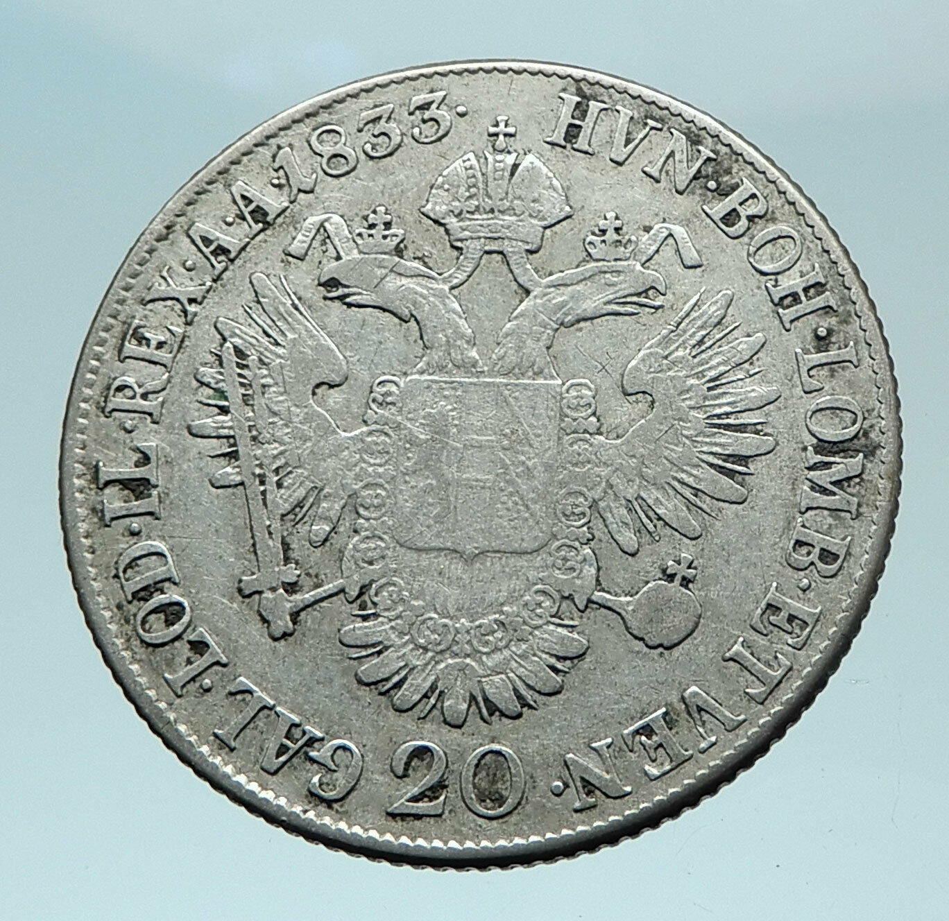 1833 B AUSTRIA Emperor Franz II Hapsburg Genuine Silver 20 Kreuzer Coin i78959