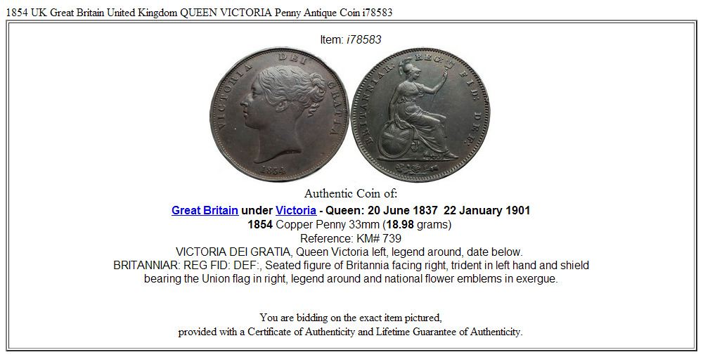 1854 UK Great Britain United Kingdom QUEEN VICTORIA Penny Antique Coin i78583
