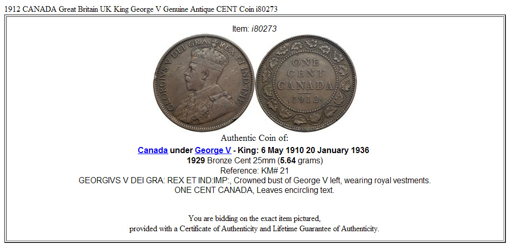 1912 CANADA Great Britain UK King George V Genuine Antique CENT Coin i80273