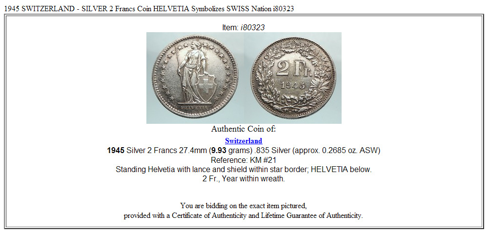 1945 SWITZERLAND - SILVER 2 Francs Coin HELVETIA Symbolizes SWISS Nation i80323