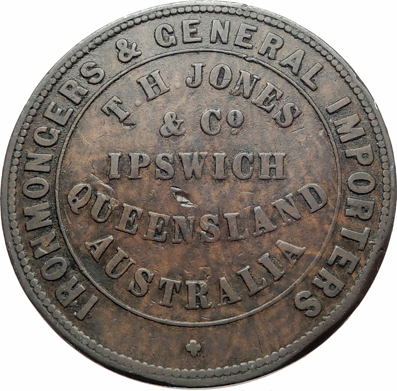 1858 AUSTRALIA TH Jones Iron Workers Ipswich Queensland Penny Trade Token i80367