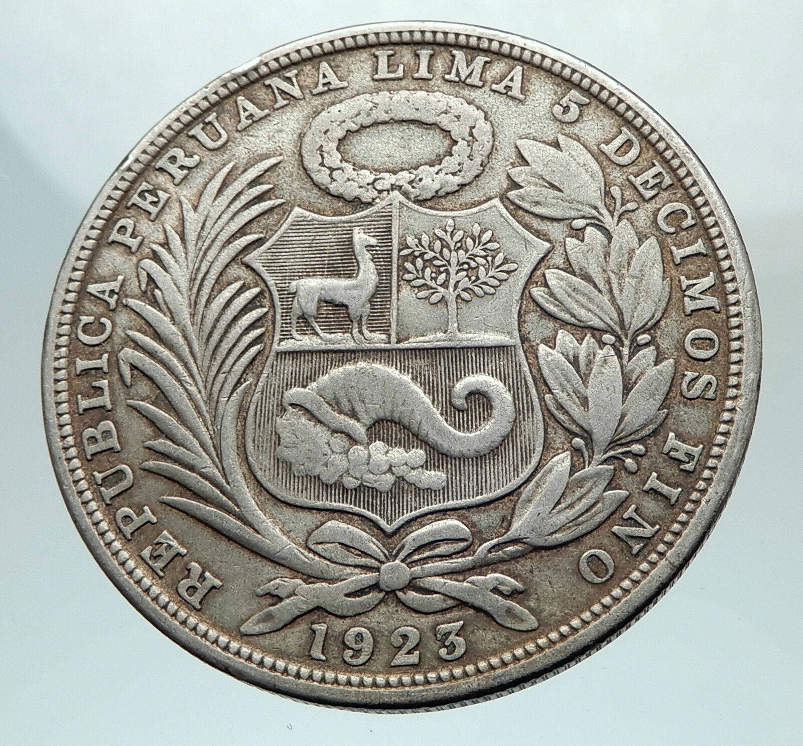 1923 PERU South America 1 SOL Antique BIG Original Silver Peruvian Coin i80313