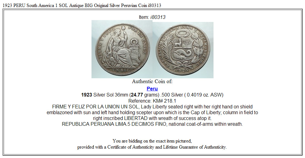 1923 PERU South America 1 SOL Antique BIG Original Silver Peruvian Coin i80313