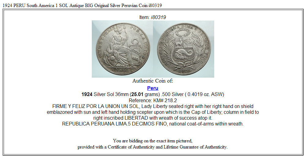 1924 PERU South America 1 SOL Antique BIG Original Silver Peruvian Coin i80319