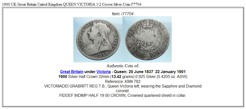 1900 UK Great Britain United Kingdom QUEEN VICTORIA 1/2 Crown Silver Coin i77704