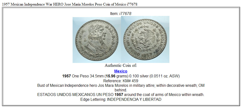 1957 Mexican Independence War HERO Jose Maria Morelos Peso Coin of Mexico i77678