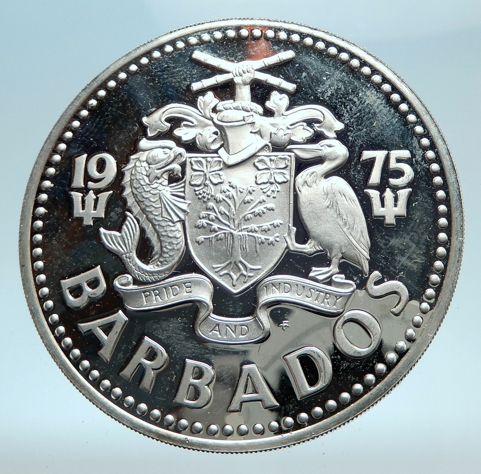 1975 BARBADOS Huge 4.2cm Genuine Proof Silver 10 Dollars Coin w NEPTUNE i78269