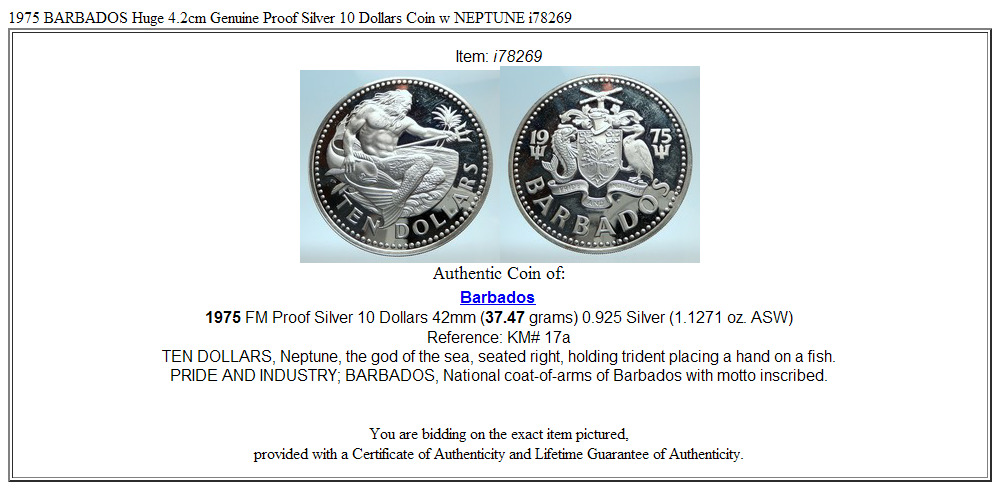 1975 BARBADOS Huge 4.2cm Genuine Proof Silver 10 Dollars Coin w NEPTUNE i78269