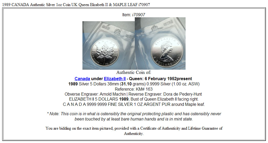 1989 CANADA Authentic Silver 1oz Coin UK Queen Elizabeth II & MAPLE LEAF i70907