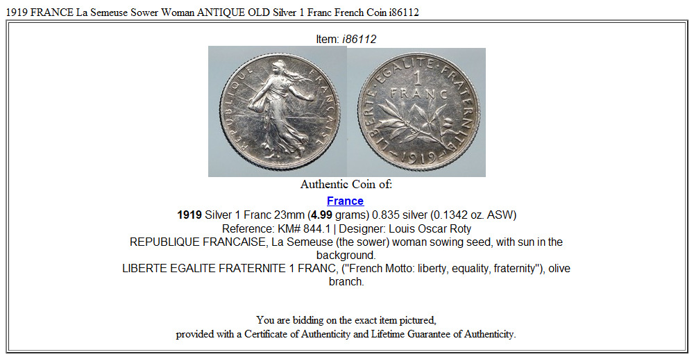 1919 FRANCE La Semeuse Sower Woman ANTIQUE OLD Silver 1 Franc French Coin i86112