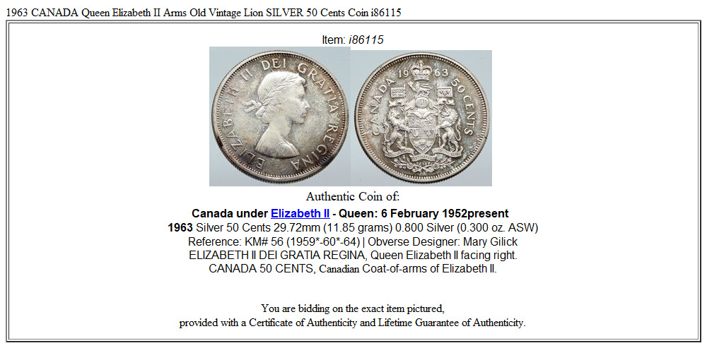 1963 CANADA Queen Elizabeth II Arms Old Vintage Lion SILVER 50 Cents Coin i86115