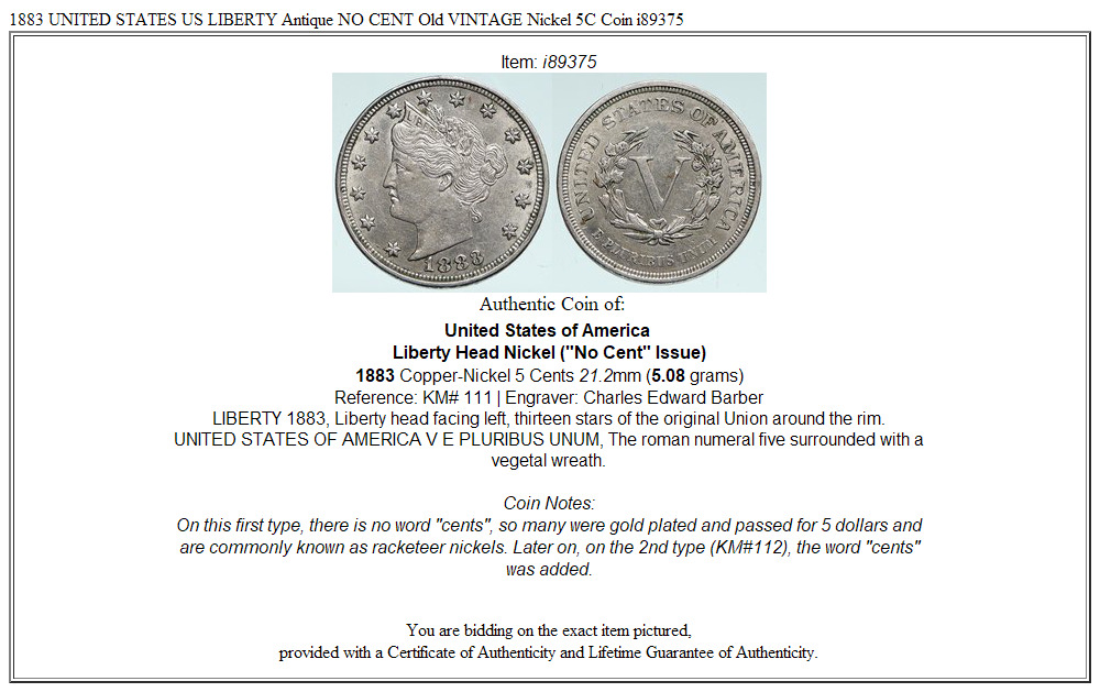 1883 UNITED STATES US LIBERTY Antique NO CENT Old VINTAGE Nickel 5C Coin i89375