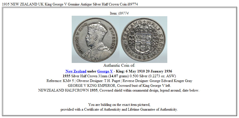 1935 NEW ZEALAND UK King George V Genuine Antique Silver Half Crown Coin i89774