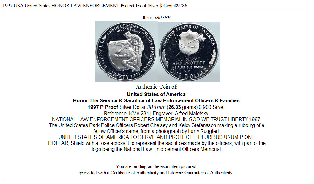 1997 USA United States HONOR LAW ENFORCEMENT Protect Proof Silver $ Coin i89786