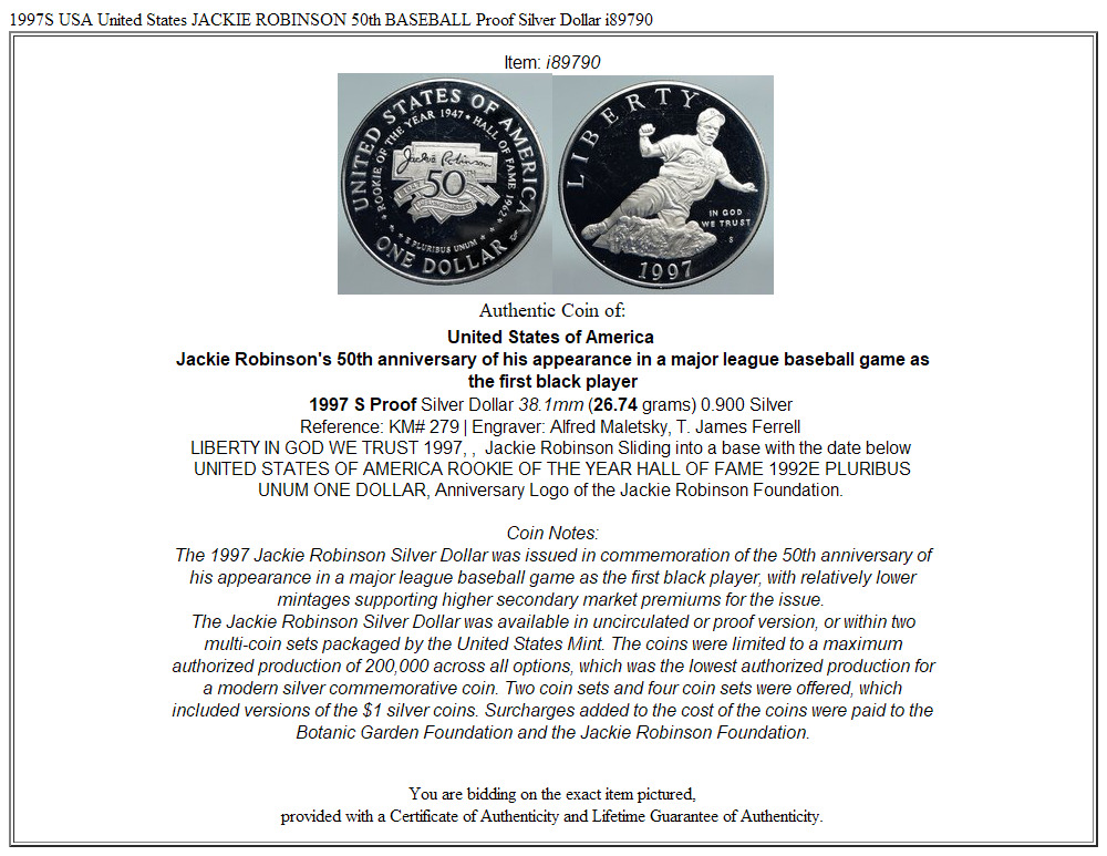 1997S USA United States JACKIE ROBINSON 50th BASEBALL Proof Silver Dollar i89790