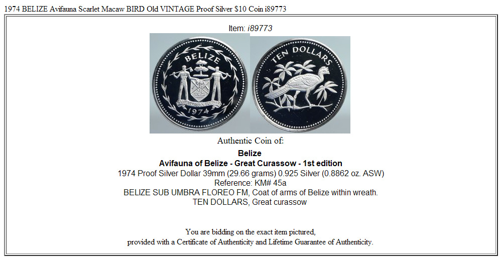 1974 BELIZE Avifauna Scarlet Macaw BIRD Old VINTAGE Proof Silver $10 Coin i89773