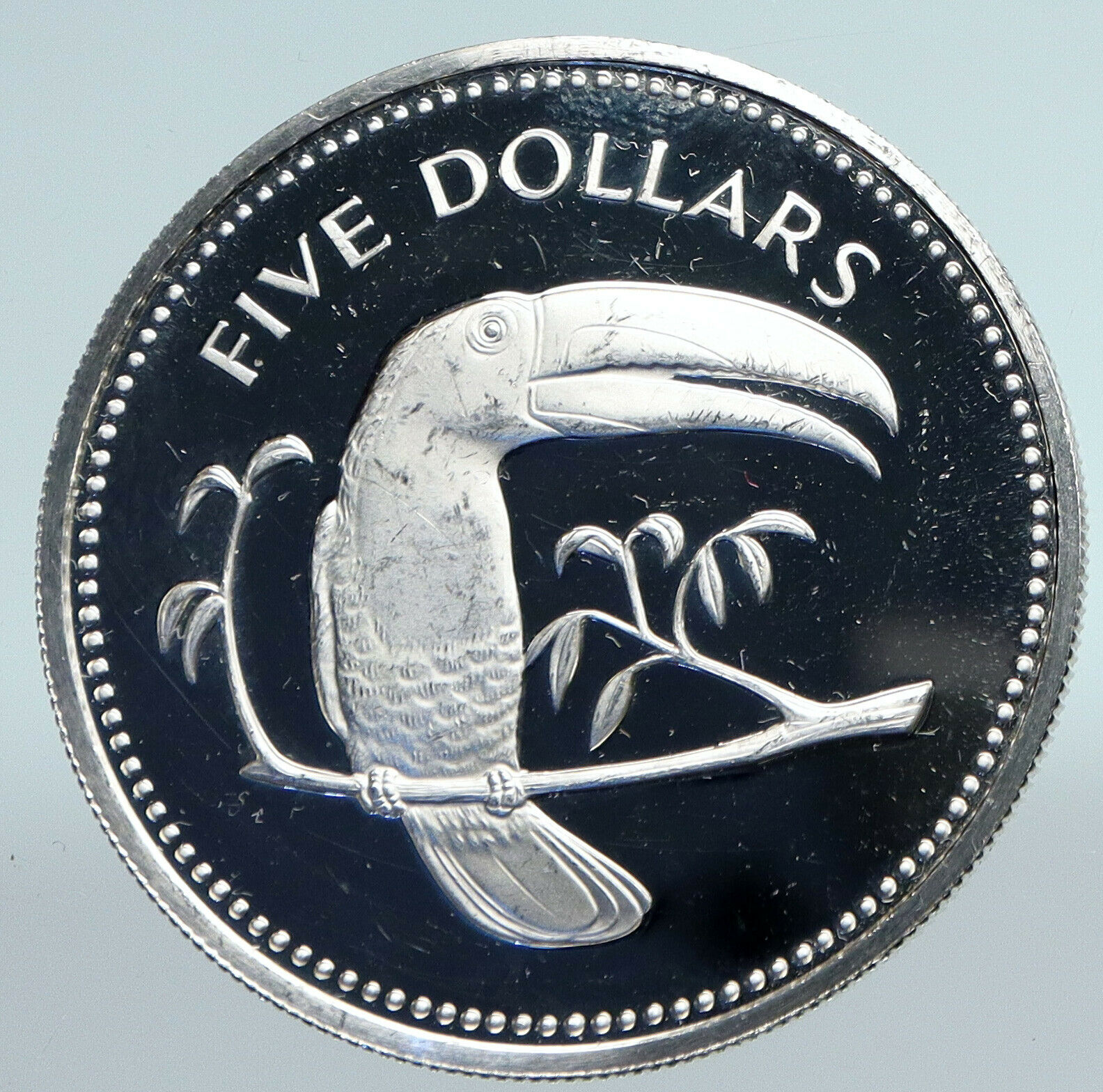 1974 BELIZE Avifauna Toucan BIRD Antique VINTAGE OLD Proof Silver $5 Coin i89775