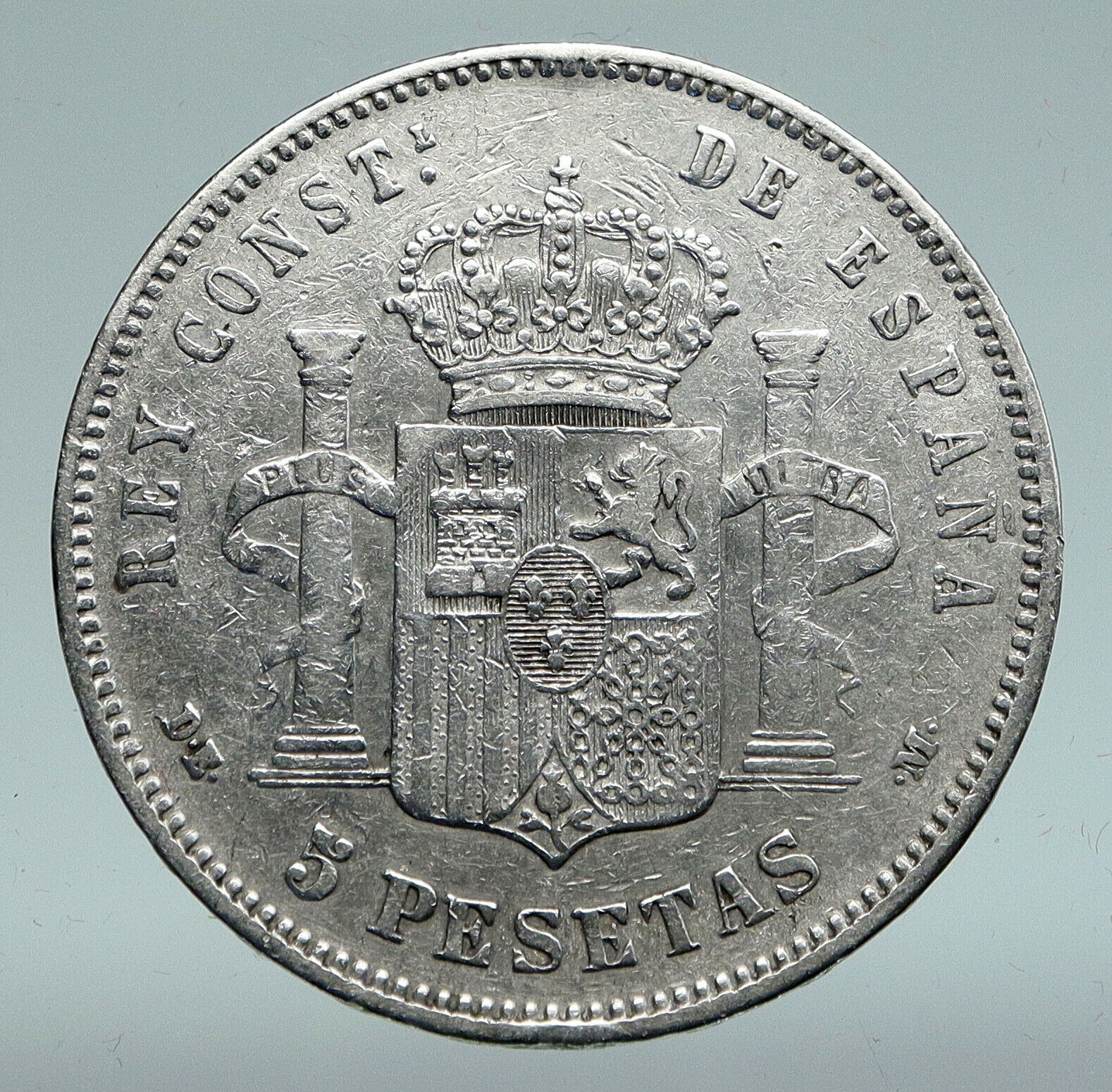 1877 SPAIN w King ALFONSO XII Antique Silver 5 Pesetas OLD SPANISH Coin i91472