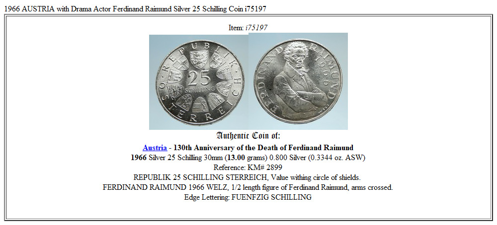 1966 AUSTRIA with Drama Actor Ferdinand Raimund Silver 25 Schilling Coin i75197