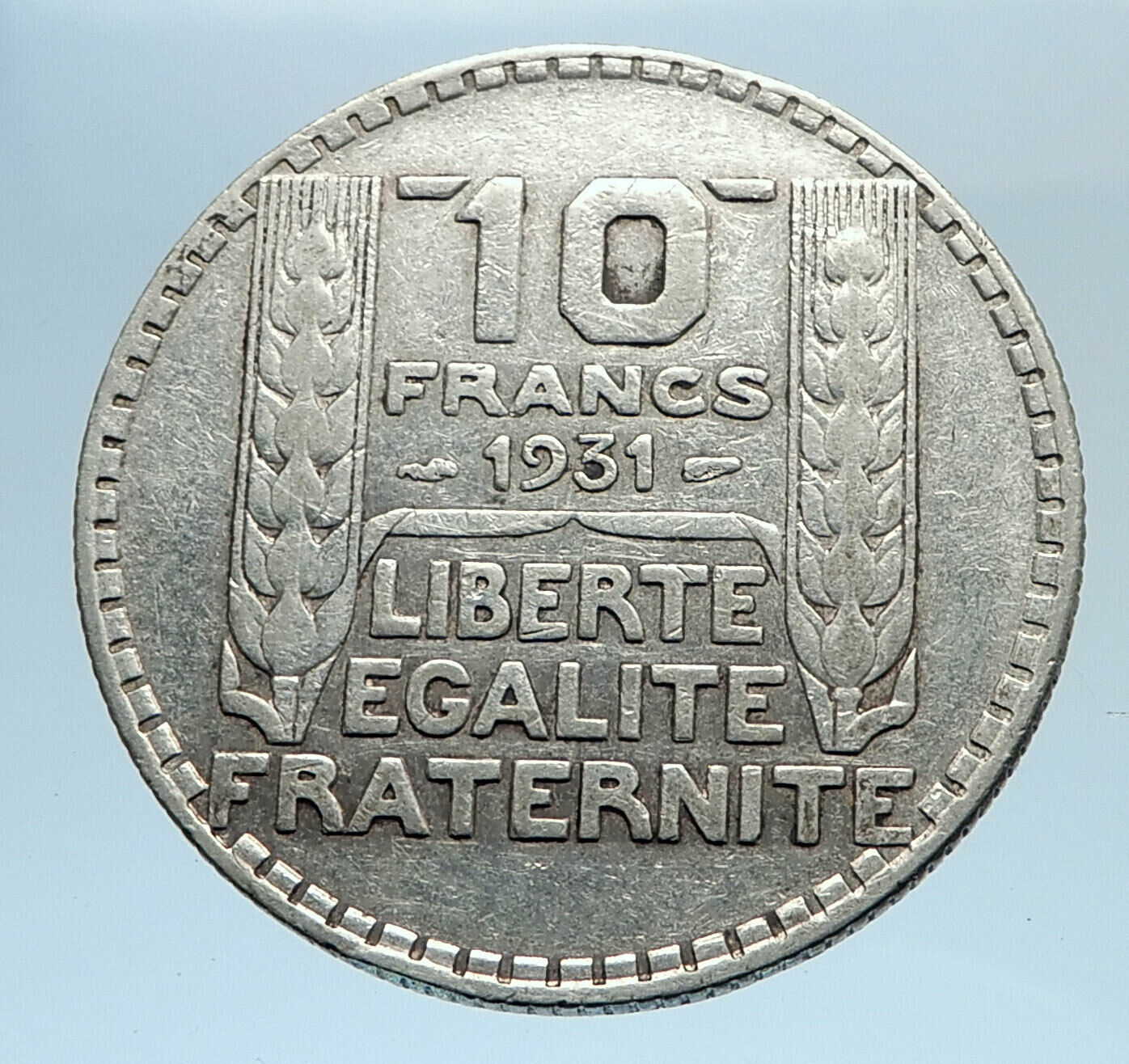 1931 FRANCE w Marianne FRENCH MOTTO Antique Genuine Silver 10 Francs Coin i74101