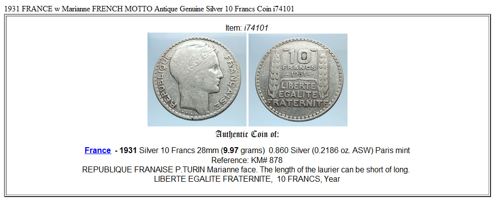 1931 FRANCE w Marianne FRENCH MOTTO Antique Genuine Silver 10 Francs Coin i74101