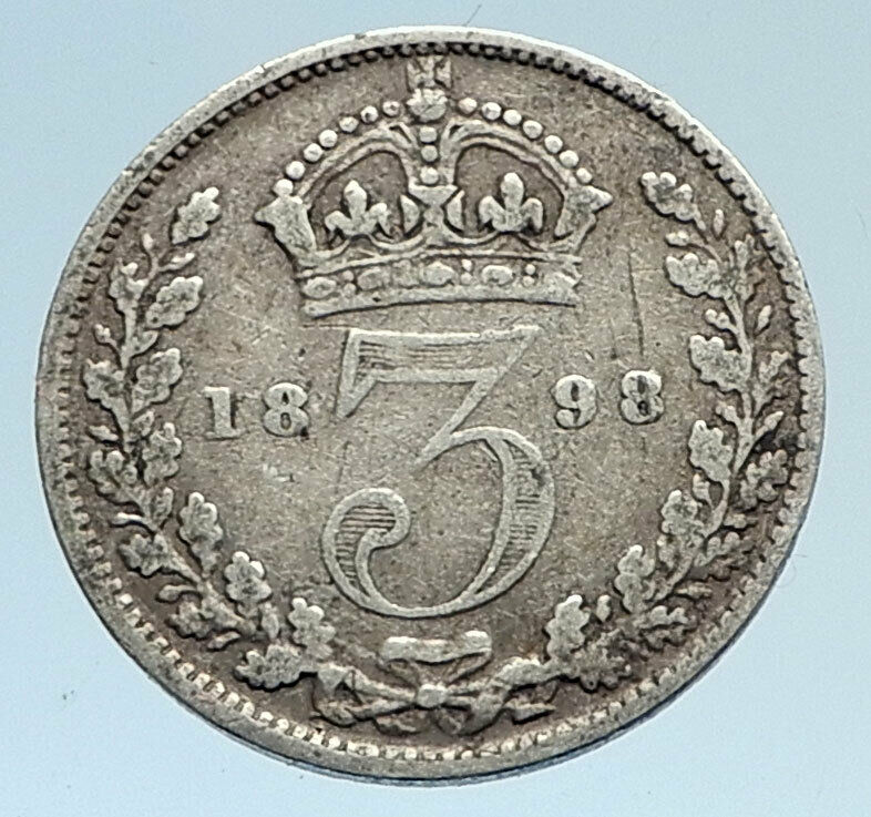 1898 UK Great Britain United Kingdom QUEEN VICTORIA 3 Pence Silver Coin i74339