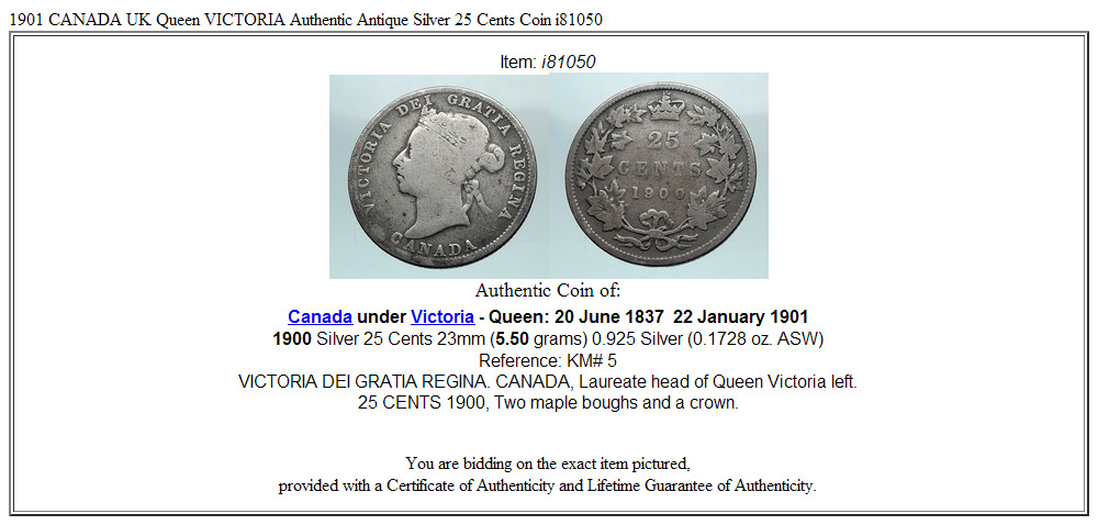 1900 CANADA UK Queen VICTORIA Authentic Antique Silver 25 Cents Coin i81050