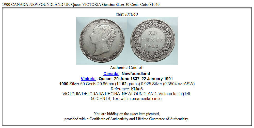 1900 CANADA NEWFOUNDLAND UK Queen VICTORIA Genuine Silver 50 Cents Coin i81040