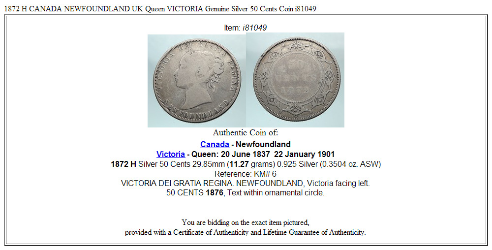 1872 H CANADA NEWFOUNDLAND UK Queen VICTORIA Genuine Silver 50 Cents Coin i81049