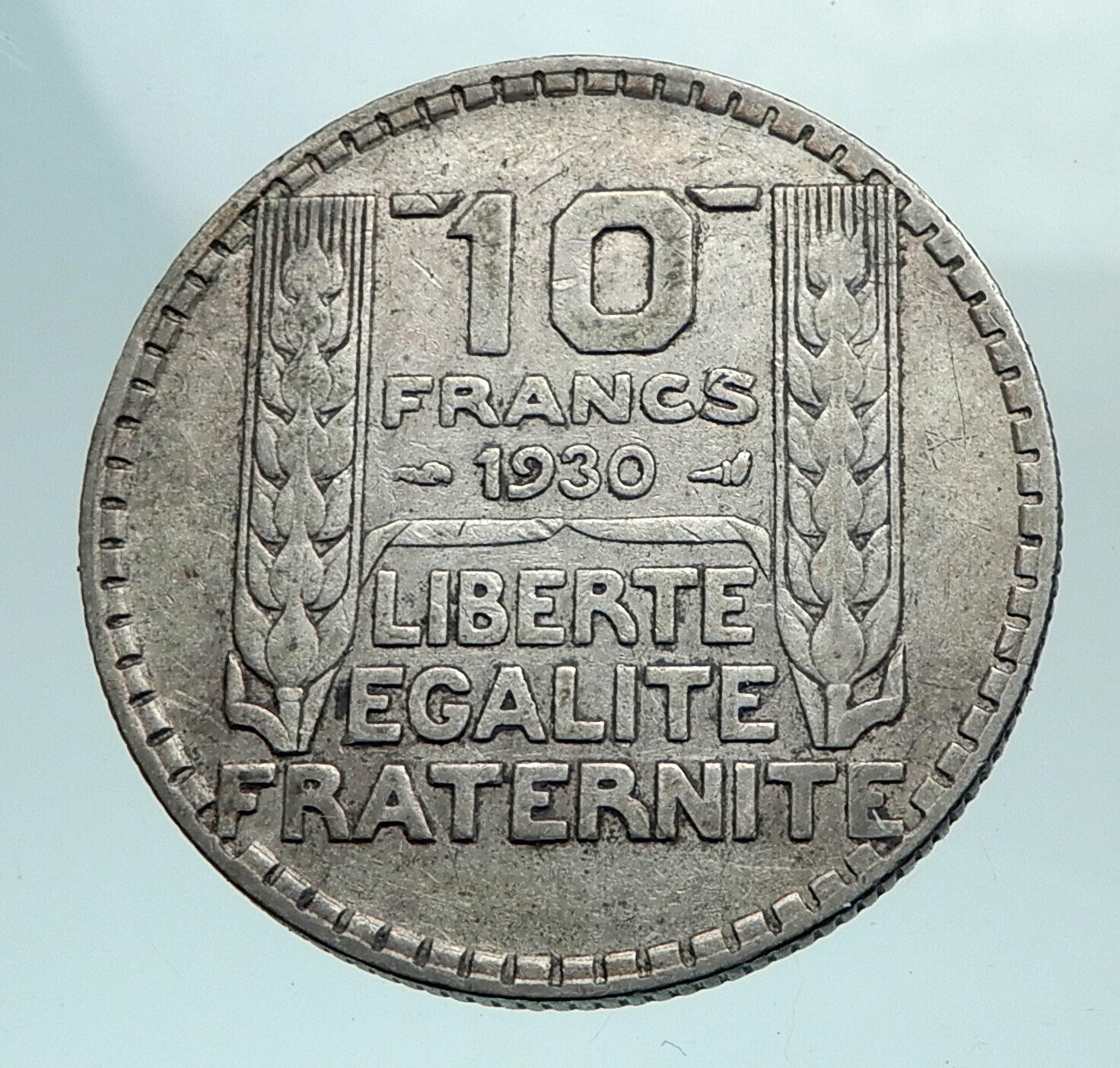 1930 FRANCE w Marianne FRENCH MOTTO Antique Genuine Silver 10 Francs Coin i81077