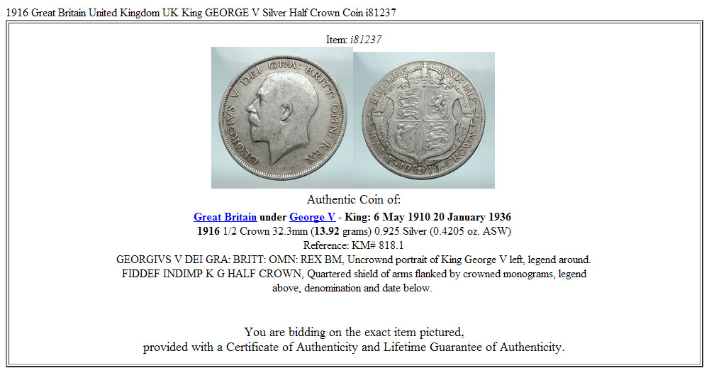 1916 Great Britain United Kingdom UK King GEORGE V Silver Half Crown Coin i81237