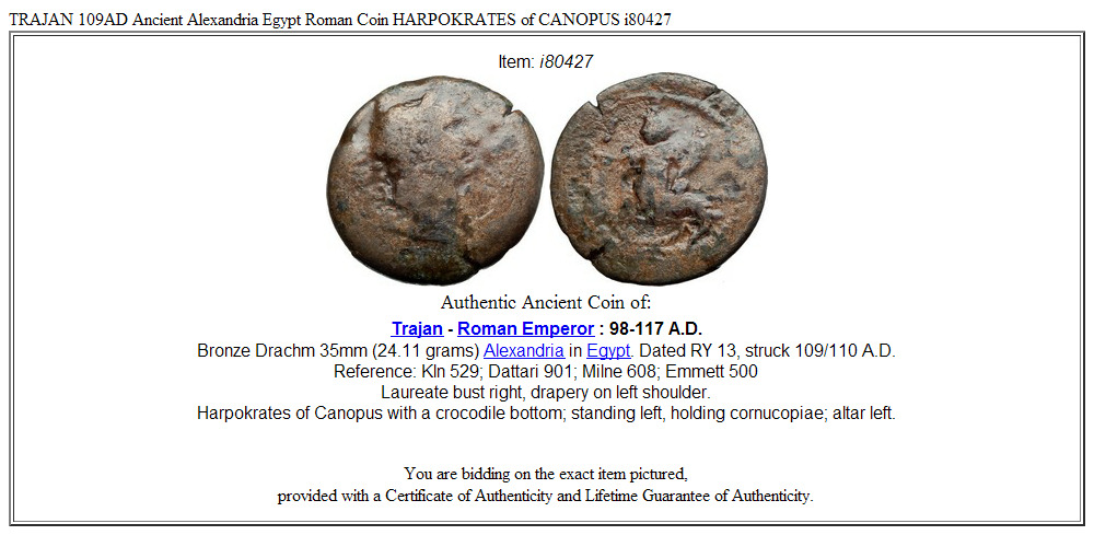 TRAJAN 109AD Ancient Alexandria Egypt Roman Coin HARPOKRATES of CANOPUS i80427