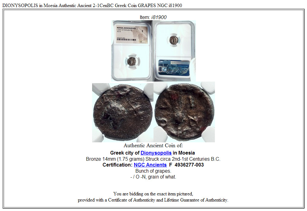 DIONYSOPOLIS in Moesia Authentic Ancient 2-1CenBC Greek Coin GRAPES NGC i81900