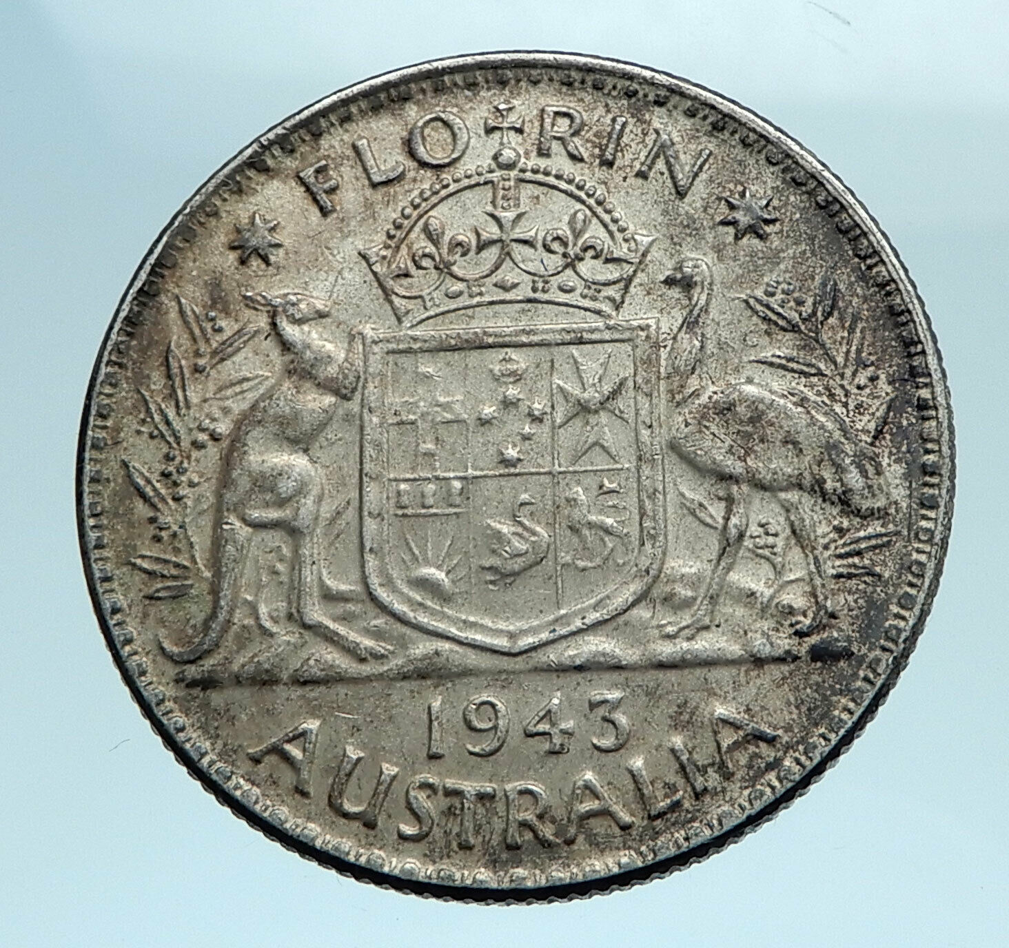 1943 AUSTRALIA Large King George VI Kangaroos Antique Silver Florin Coin i77716