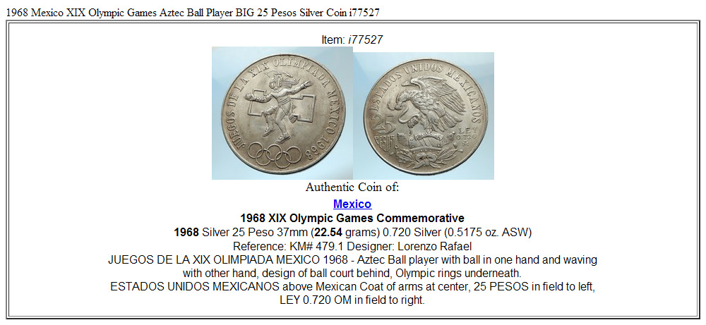 1968 Mexico XIX Olympic Games Aztec Ball Player BIG 25 Pesos Silver Coin i77527