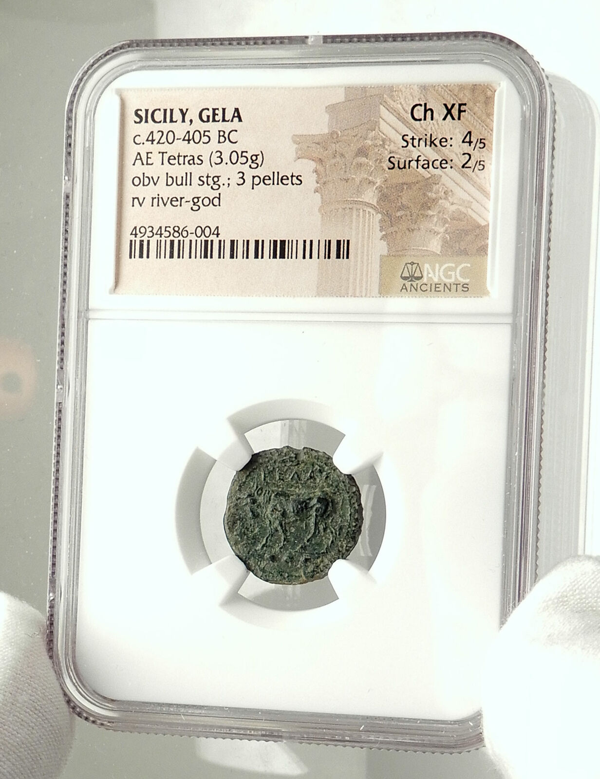 GELA in SICILY Authentic Ancient 420BC Greek Coin w BULL & GELAS NGC i76853