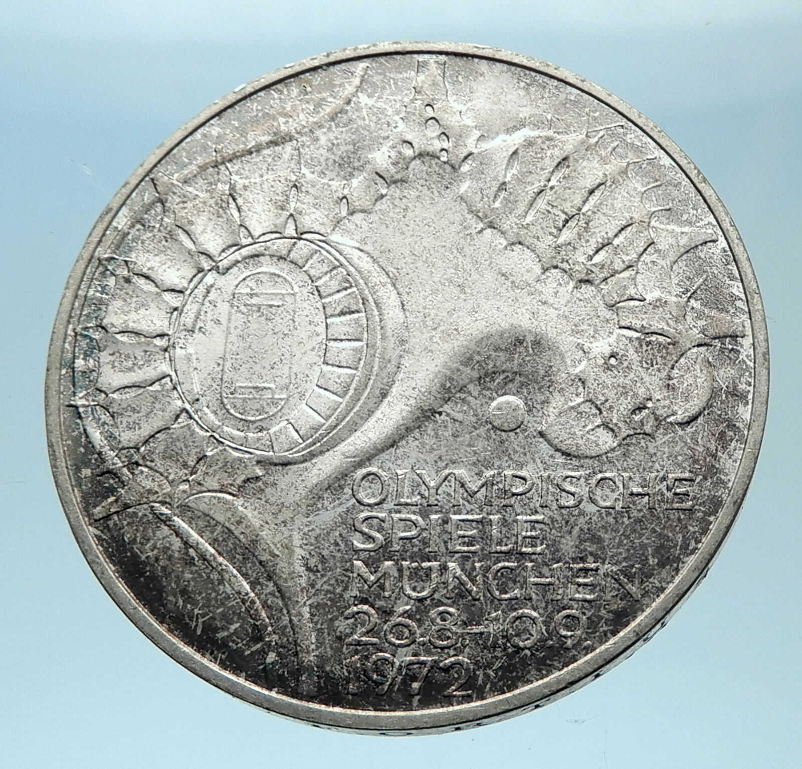 1972 Germany Munich Summer Olympics Stadium Genuine 10 Mark Silver Coin i77901