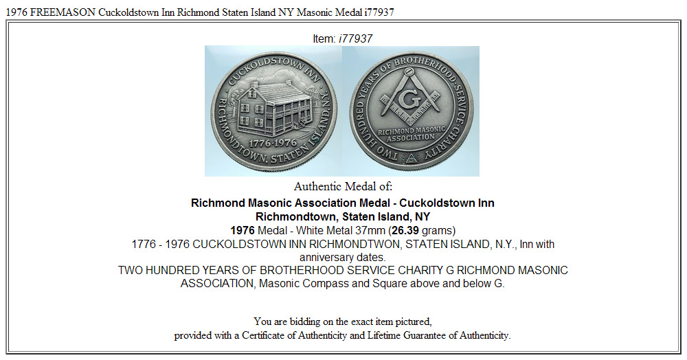 1976 FREEMASON Cuckoldstown Inn Richmond Staten Island NY Masonic Medal i77937