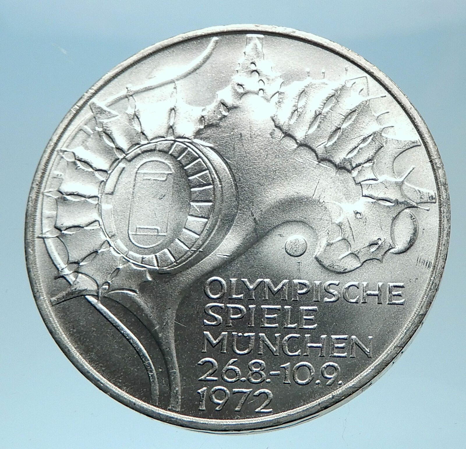 1972 Germany Munich Summer Olympics Stadium Genuine 10 Mark Silver Coin i77923