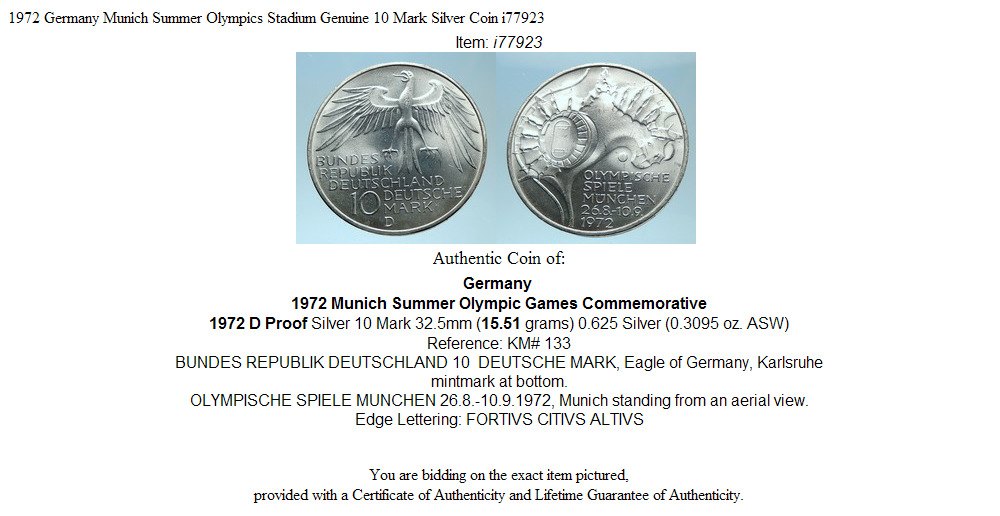 1972 Germany Munich Summer Olympics Stadium Genuine 10 Mark Silver Coin i77923