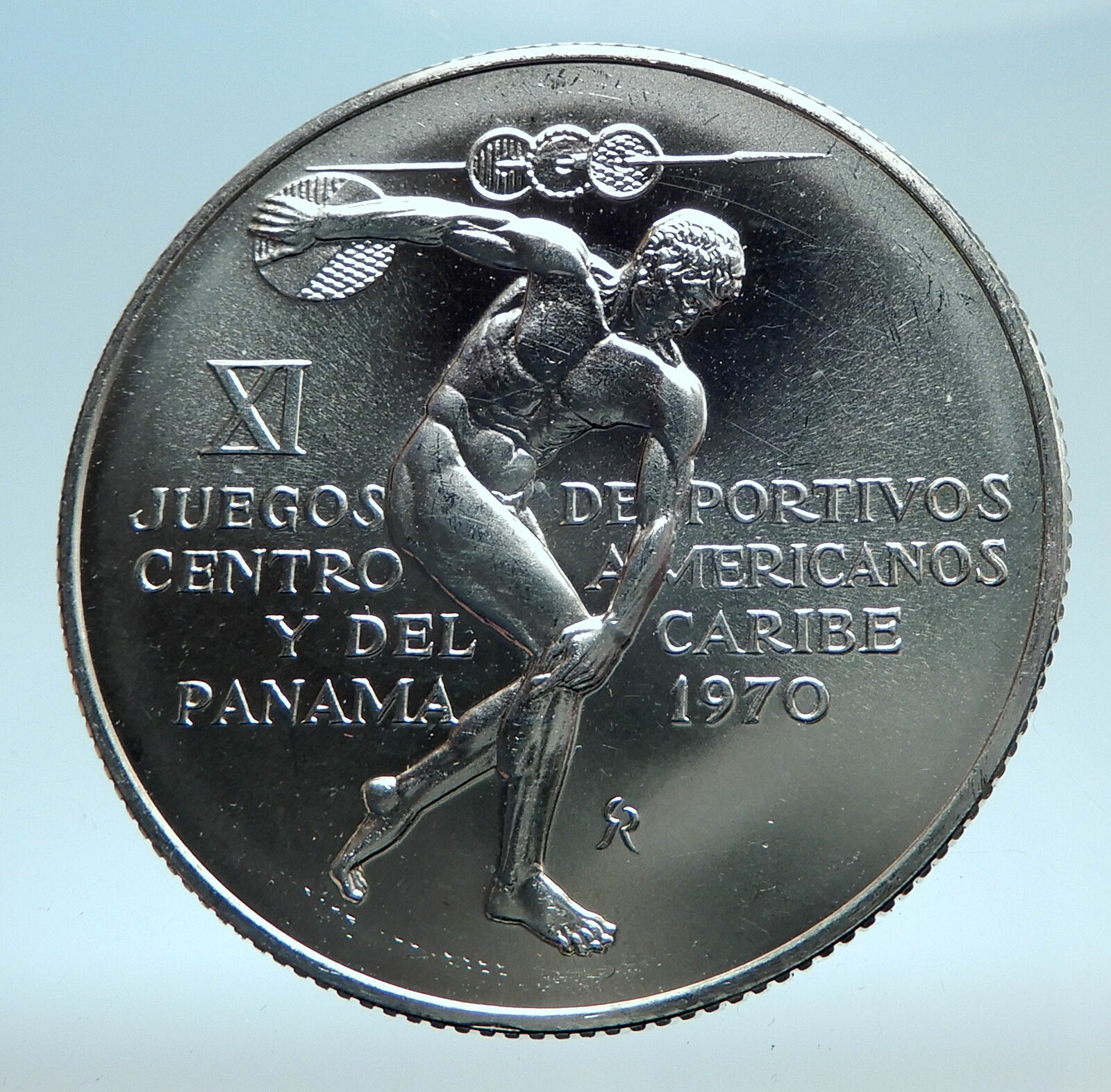 1970 PANAMA Olympic Style Games w GREEK DISC THROWER ATHLETE Silver Coin i78270