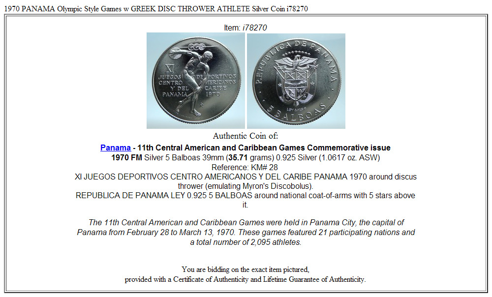 1970 PANAMA Olympic Style Games w GREEK DISC THROWER ATHLETE Silver Coin i78270