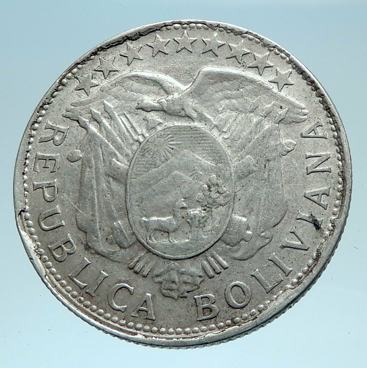 1906 AB BOLIVIA Antique Wreath Eagle Hill Genuine 50 Centavos Silver Coin i78271